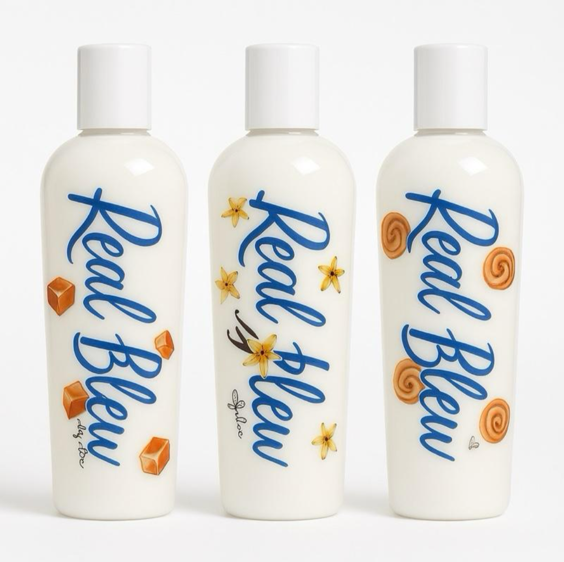Three bottles of 'Real Blew' product (body lotions) on a white background
