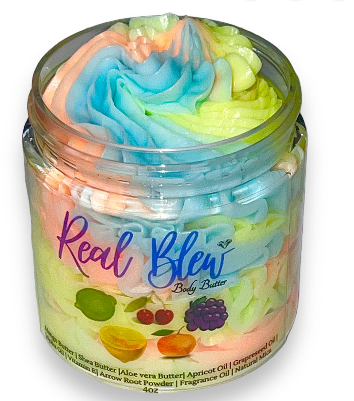 A colorful jar of Froot Loop scented whipped body butter with swirls of blue, green, yellow, and pink to mimic the iconic cereal. The label reads “Real Blew Body Butter” with images of fruit loops below.