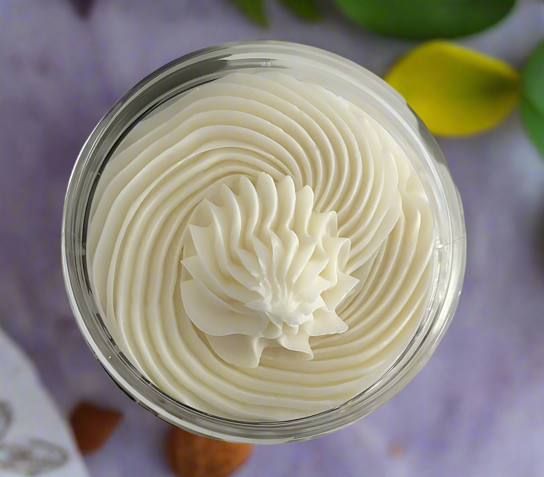 8oz jar of Real Blew Cosmetics’ Vanilla Cake Batter Whipped Body Butter, a creamy, moisturizing body butter with a delightful vanilla cake scent, perfect for softening and nourishing your skin