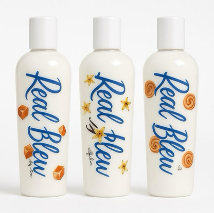 Three bottles of 'Real Blew' product (body lotions) on a white background