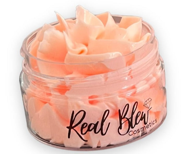 1 oz clear sample jar with fluffy peach bellini scented whipped body butter - Real Blew Cosmetics