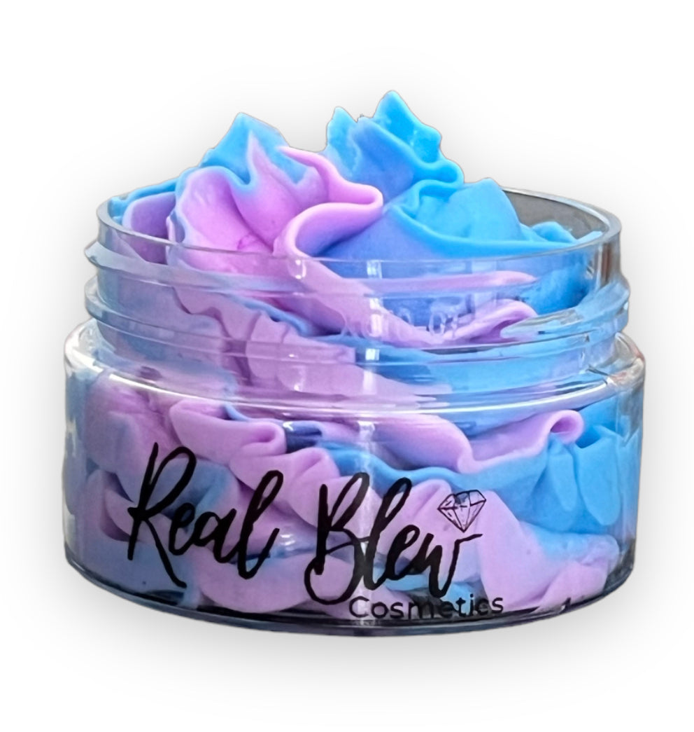 Cute clear 1oz jar with neon purple and blue colors, wildberry scented with a black label by Real Blew Cosmetics