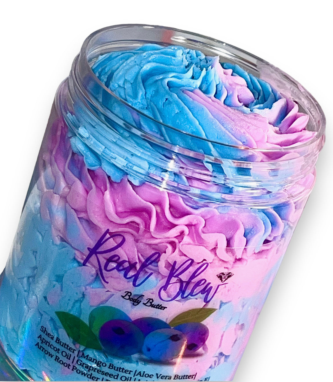 8oz Clear Jar of triple whipped body butter moisturizers in purple and blue, suitable for all skin types, showcasing it's  luxurious texture and vibrant colors.
