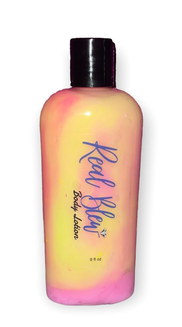 8oz Pink and Yellow swirled hand/body lotion infused with shea butter scented with sweet pink lemonade fragrance oil - Real Blew Cosmetics